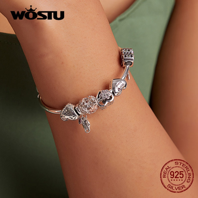 WOSTU 100% 925 Sterling Silver Heart Vintage Charms Beads Fit Original DIY Bracelets Necklace Mother&#39;s Day Jewelry Gifts for Mom