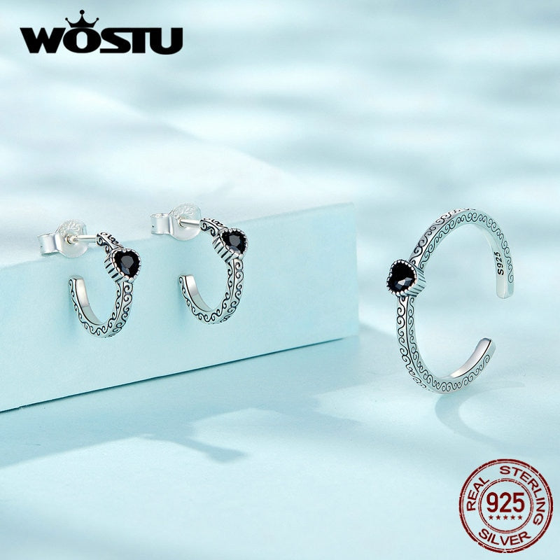 WOSTU 925 Sterling Silver Classical Heart Style Black Crystal CZ Rings For Women Retro Flower Pattern Ring Special Gift For Her