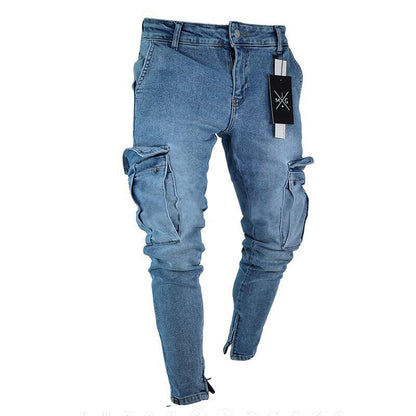Pantalones vaqueros para hombre, pantalones vaqueros lavados de Color sólido con múltiples bolsillos, pantalones vaqueros Cargo de cintura media de talla grande, pantalones casuales a la moda, ropa de uso diario para hombre