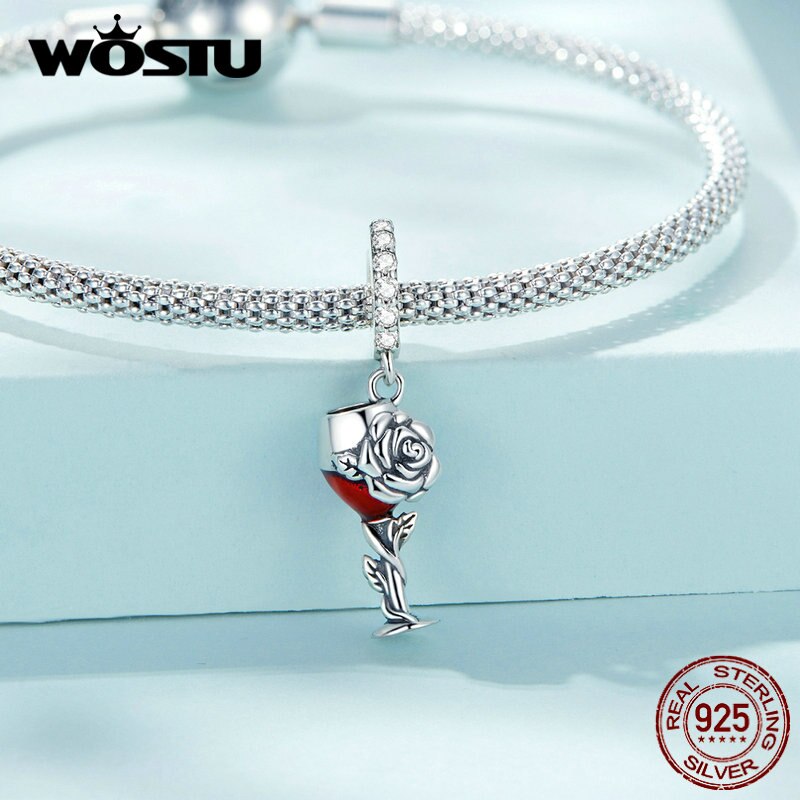 WOSTU Retro 925 Sterling Silver Rose Flower Charms Wine Cup Pendant Cherry Beads Fit Original Bracelet DIY Necklace Jewelry Make