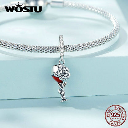 WOSTU Retro 925 Plata de Ley Rosa flor encantos copa de vino colgante cereza cuentas ajuste Original pulsera DIY collar joyería hacer