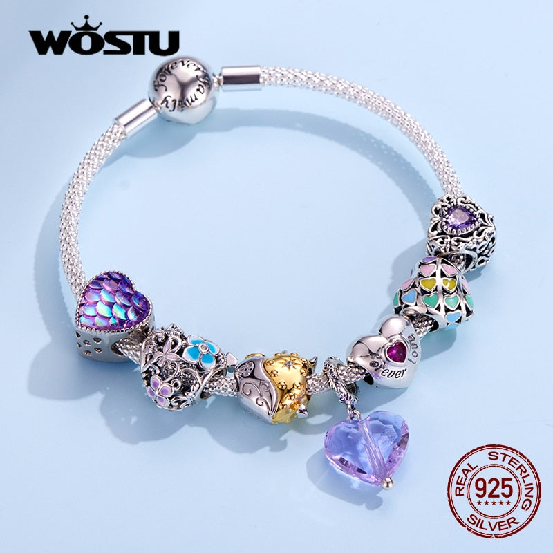 WOSTU 100% 925 Sterling Silver Heart Vintage Charms Beads Fit Original DIY Bracelets Necklace Mother&#39;s Day Jewelry Gifts for Mom