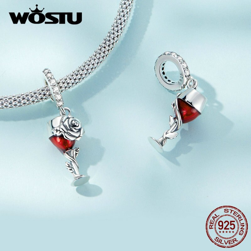 WOSTU Retro 925 Sterling Silver Rose Flower Charms Wine Cup Pendant Cherry Beads Fit Original Bracelet DIY Necklace Jewelry Make